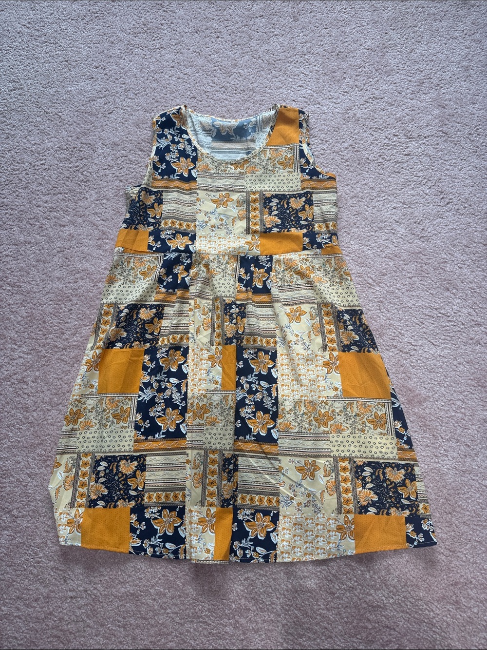 Sleeveless Patchwork Floral Casual Dress in Mustard & Navy